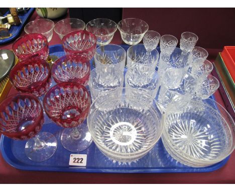 A Set of Six Ruby Glasses, whisky glasses, sundae dishes, etc:- One Tray