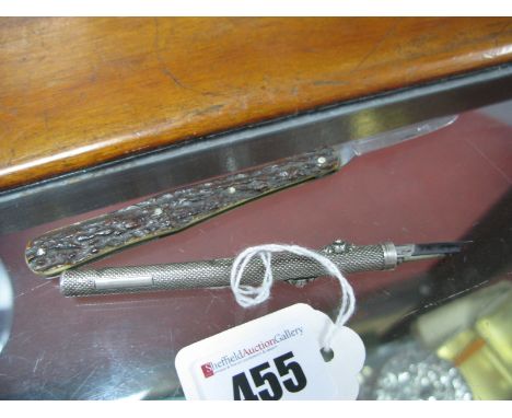 An Engine Turned Combination Pen/Pencil, with penknife end, blade indistinctly stamped "L.B. Sheffield"; together with a sing