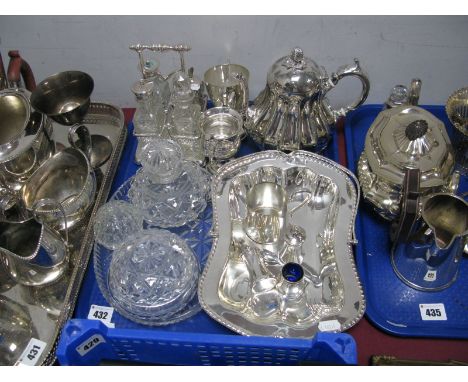 An Electroplated Basket, with swing handle, four section cruet, teapot, trophies, other plated items, glass dressing table wa