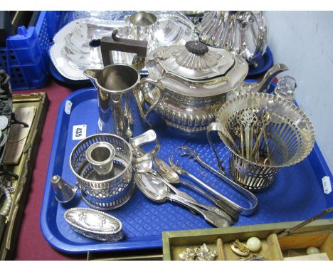 A Chester Hallmarked Silver Glass Lidded Trinket Pot, (marks rubbed), of elongated oval form with pull off cover; together wi