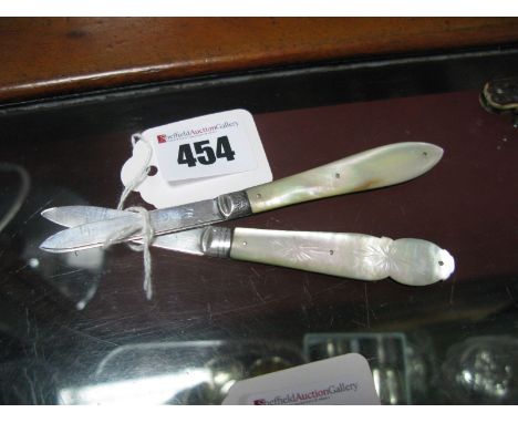 Two Hallmarked Silver and Mother of Pearl Folding Fruit Knives, TM, Sheffield, 1866; TM, Sheffield 1896, one with decorative 