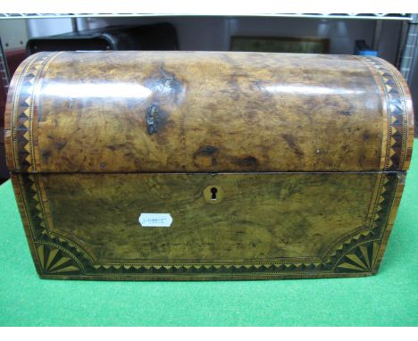 A Victorian Walnut Inlaid Dome Topped Tea Caddy, with lidded compartments to the interior.
