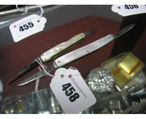 A G. Butler & Co Sheffield Two Blade Folding Pocket Knife, the mother of pearl scales with inset panel; together with a multi