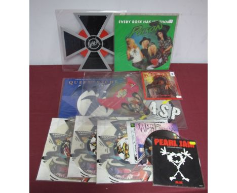 Rock Vinyl - Fourteen 7" single picture discs/coloured vinyl by Queensryche, Slayer, Wasp, Terror Vision, Rose Tattoo, Pearl 