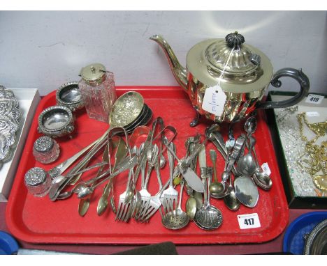 Assorted Plated Cutlery; together with a pair of salts, each of foliate design, two miniature glass jars, a teapot, pickle ja