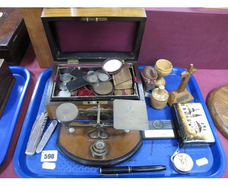 XIX Century Brass Scales, XIX Century walnut box with plated mounts, coins, penknife, etc:- One Tray