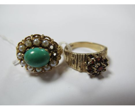 A 9ct Gold Cluster Ring, claw set between bark textured shoulders; together with a pearl set ring (two missing), claw set thr