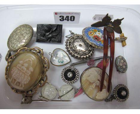 XIX Century and Later Brooches, including micromosaic, crackle glass earrings, diamante buttons, novelty cat face stick pin, 