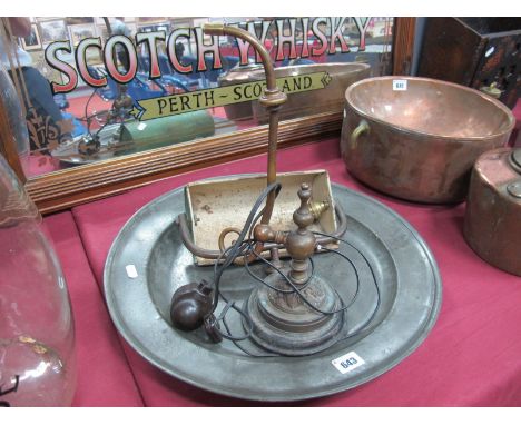 A Mid XVIII Century Pewter Charger, London, (touch marks rubbed); together with an early XX Century desk lamp. (2)