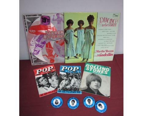 A Set of Four Beatles 'For President' Pin Badges, each depicting a Beatle profile; together with a Rolling Stones No. 28 peri