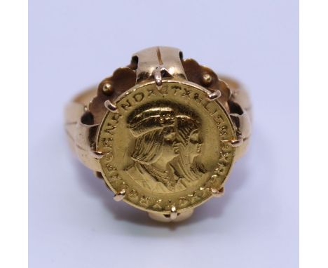 A 14ct. yellow gold coin ring, weight 6.8g, size UK Q.