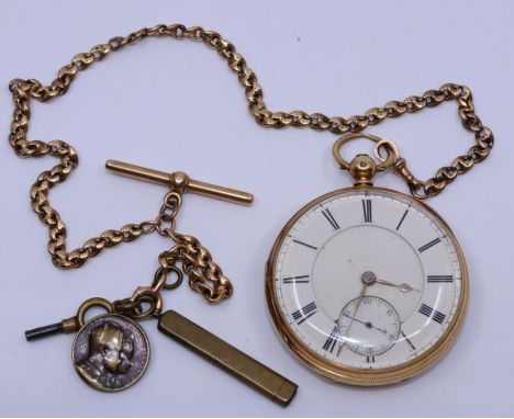 A Victorian 18ct. yellow gold cased pocket watch, key wind, having white enamel Roman numeral dial with subsidiary Arabic num