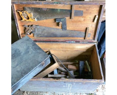 A 19th cent pine tool box, tools and similar&nbsp;
