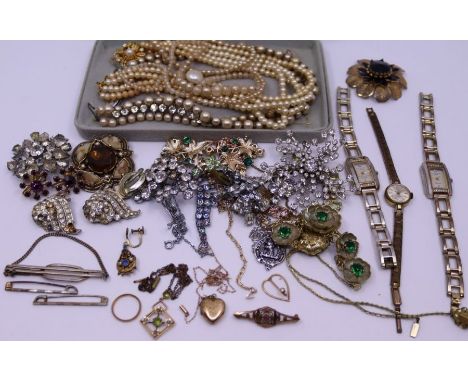 A collection of costume jewellery to include a collection of watches, pearl necklace and yellow metal locket and others&nbsp;