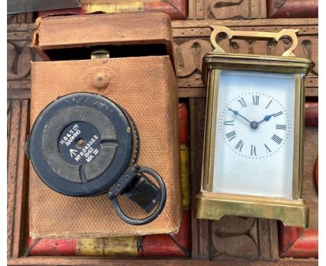 A cased carriage clock, ww2 compass, silver plate and misc items&nbsp;