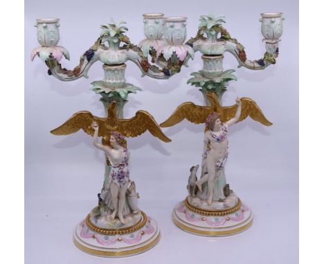 A large pair of 19th cent Meissen candelabra, faults&nbsp;