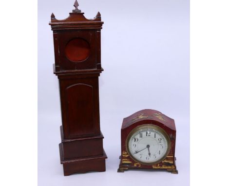 A 19th cent miniature longcase clock and a chinoisserie cased mantle clock&nbsp;