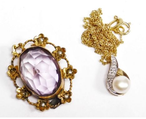 A 9ct gold cz and cultured pearl set pendant and chain, on fine link chain, together with a gilt metal brooch set with amethy