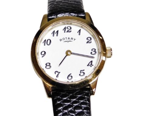 A Rotary lady's wristwatch, with gold plated dial, on black leather strap. 