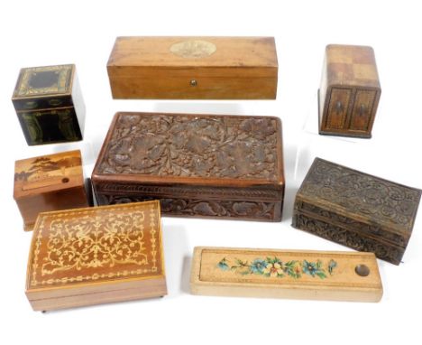 A quantity of late 19thC and later boxes, to include a sycamore glove box, with printed oval photograph of Lincoln Cathedral,