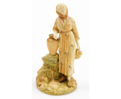 A Royal Worcester blush ivory porcelain figure of a lady, holding a water jug and leaning against a baluster vase, on a circu