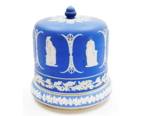 A Wedgwood blue jasperware cheese dome and cover, with an acorn shaped finial, the body decorated with Neoclassical figures, 