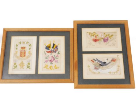 Various framed postcard silks WW1, etc. Army Ordnance Corps, etc., in two frames, 26cm x 21cm. (4)