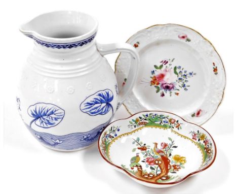 A group of ceramics, to include a Copeland Spode lobed dish, decorated with birds, a Derby porcelain plate painted with flowe