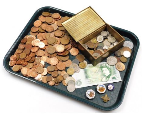 British and foreign coins, a one pound note, enamel badges, etc. (a quantity) 