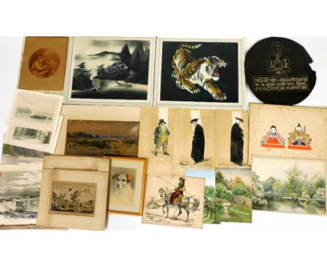 A collection of pictures, to include G.S. Knox, landscape, watercolour on paper, 19cm x 38cm, various original art works, mai