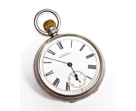 A Victorian gentleman's silver cased pocket watch, open faced, keyless wind, white enamel dial bearing Roman Numerals, subsid