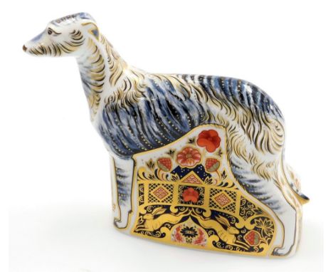 A Royal Crown Derby porcelain limited edition Lurcher paperweight, made for Sinclairs, number 334/750, gold button. 