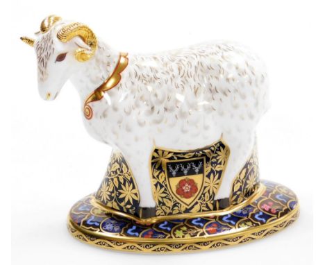 A Royal Crown The Derby Heraldic Derbyshire Ram, the first of a pair of paperweights, inspired by the Derbyshire coat of arms