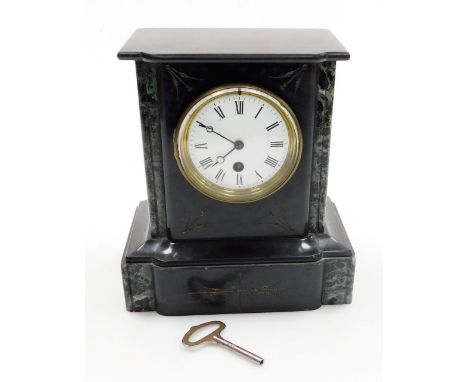 A late 19thC black slate and marble mantel clock, white enamel dial bearing Roman numerals, thirty hour movement, case of arc