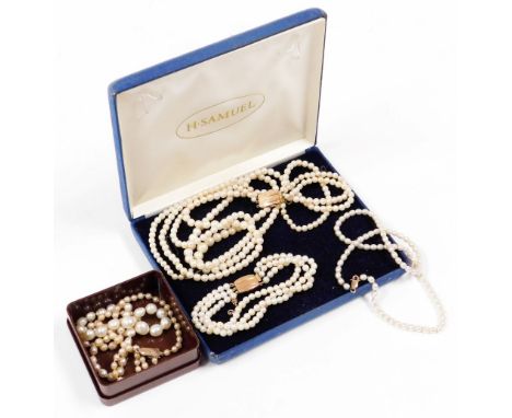 A group of cultured pearl jewellery, a Ciro two piece set, to include three strand bracelet, with a 9ct gold clasp and safety