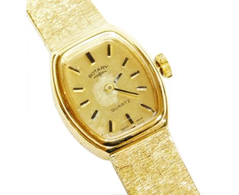 A Rotary gold plated lady's wristwatch, with oval shaped dial, on Brocade and bark effect type bracelet, 18cm long, boxed.