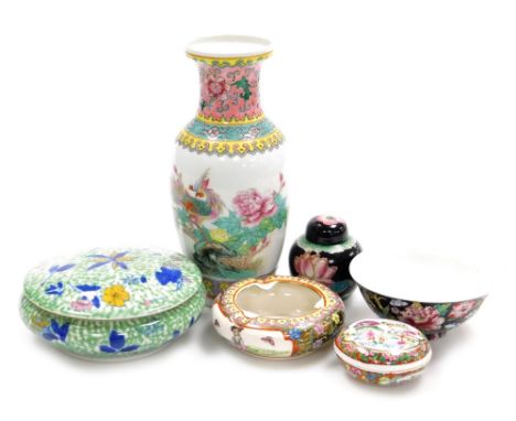 A group of 20thC Chinese porcelain, including a famille noire tea bowl enamel decorated with flowers, small ginger jar and co