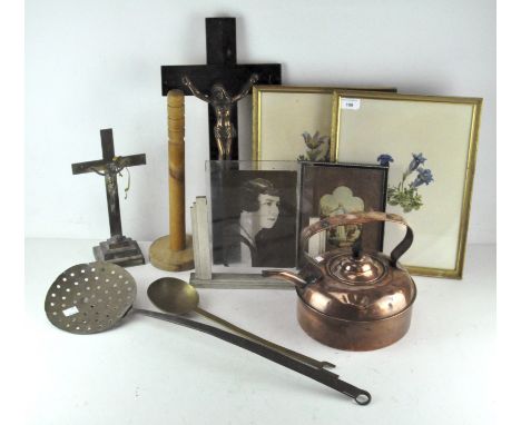 A selection of assorted collectables, including a copper kettle, an Art Deco printed portrait on glass, two crucifixes, a bra