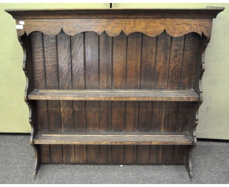 An oak two-shelf top form a kitchen dresser, with shaped edges, 115 cm high x 120 cm x 25 cm deep 