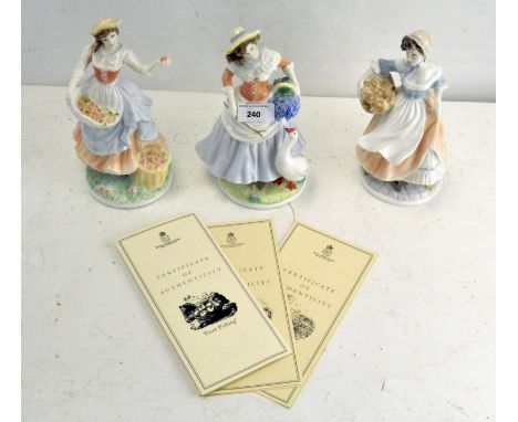 Three Royal Worcester figures of ladies, 20th century, comprising: the Baker's Wife, Goose Girl and Fruit Picking, 22 cm high