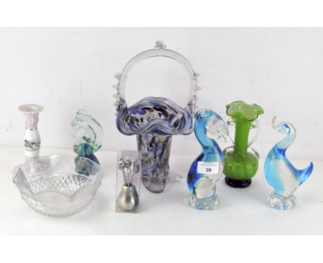 A selection of glassware, to include a Murano glass fruit bowl, Mdina glass paperweight in the form of a horse, silver plated