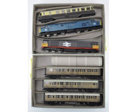 Three Hornby 00 gauge LNER 3rd and 1st class teak coaches 223257 (2) and 4237; together with a Hornby CL58 diesel 58001 Rail 