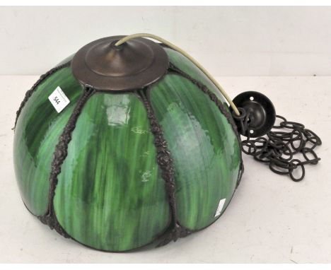 A 1970's Christopher Wray Tiffany style ceiling light, with green glass shade, metal chain and details