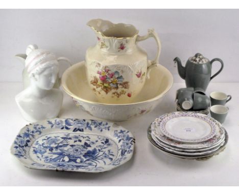 Assorted ceramics, including a pottery female bust, a Staffordshire pottery ewer and basin, a 1950s part coffee-service in sa