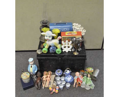 A large selection of collectables, including:a pair of Royal Cream ware spill vases, assorted vintage dolls, a ceramic whisky