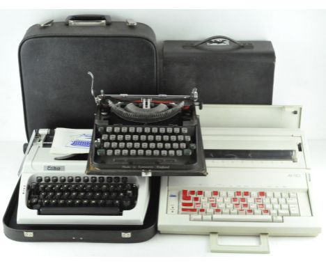 Three typewriters, including an early 20th century Imperial Typewriter Co. example, a Brother AX-110 and a cased Erika exampl