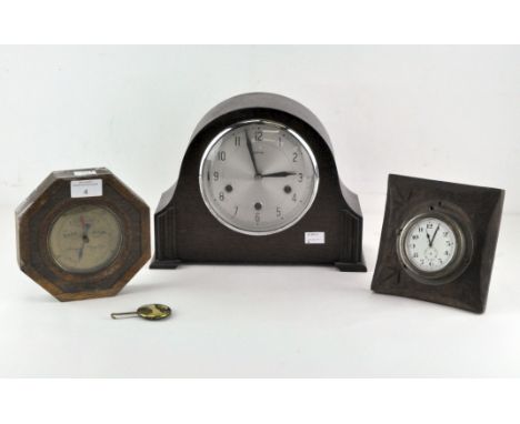 Two 20th century clocks, in wooden cases with Arabic numerals, one by Smiths, together with a wooden cased barometer by Short