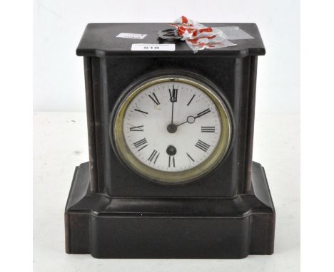 Late 19th century slate mantle clock with white enamel dial and key, 20 cm high 