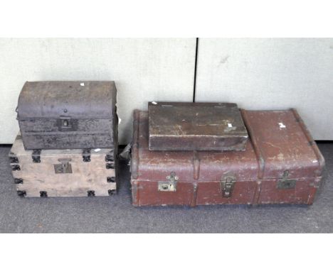 A large 20th century travel trunk, with wooden edging and metal clasps, marked to the side J.P.R, 91 cm x 30 cm x 50 cm, toge