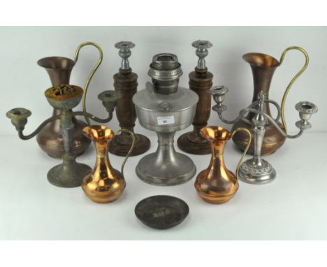 Assorted vintage metalware, to include; Four copper jugs, two silver plated candlesticks, a super Aladdin oil lamp and other 
